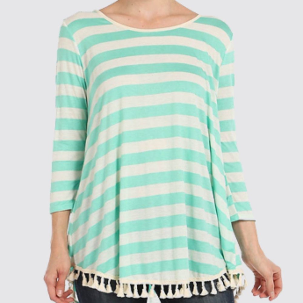 Half Sleeve Stripes Mint Tassle and Bow Top